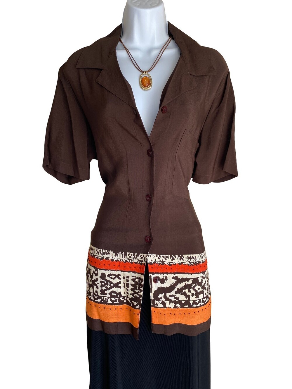 VTG JM Collection Plus 1X Brown Tunic Blouse Button Up Fall Whimsigoth Dark Boho